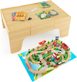 The dual-function wooden children's activity table with storage function, featuring 100 colorful components, tracks, trains, and cars, is a children's train table set suitable for children aged 3 and above. It has a flip-up tabletop and is a gift for