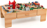 The dual-function wooden children's activity table with storage function, featuring 100 colorful components, tracks, trains, and cars, is a children's train table set suitable for children aged 3 and above. It has a flip-up tabletop and is a gift for