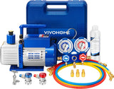 A single-stage rotary vane air vacuum pump with 110V, 1/3 horsepower and 4 cubic feet per minute, as well as an R134a AC manifold pressure gauge kit (with leak detector carry bag), is suitable for HVAC refrigeration and charging applications.