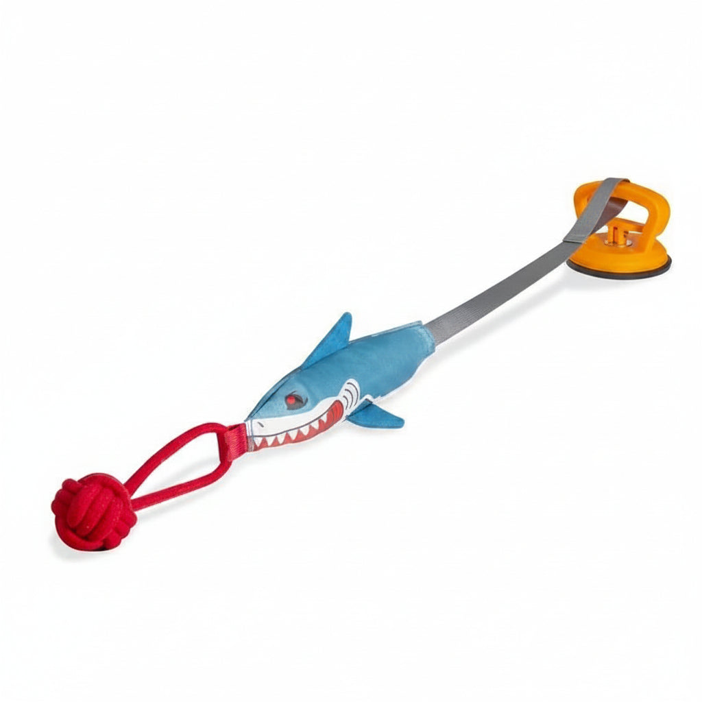 Shark Shaped Dog Chew Toy – Squeaky Rope Ball Toy with Strong Suction Cup