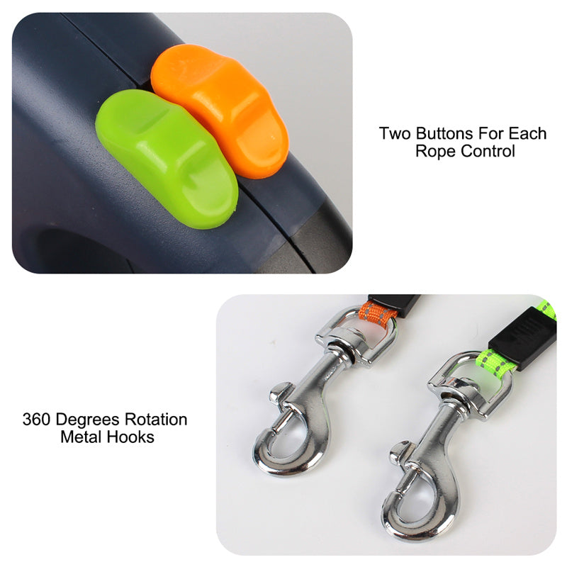 Dual Retractable Dog Leash – 360° Tangle-Free Lead with LED Light for 2 Dogs
