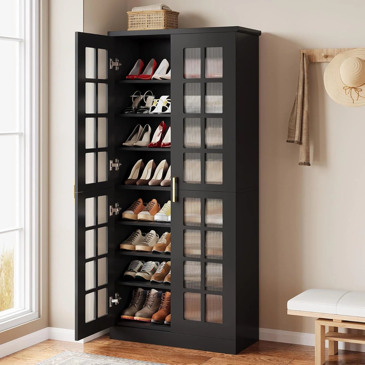 Tribesigns 71-Inch Tall Shoe Cabinet with Doors, 8-Tier Shoe Storage with Adjustable Shelves, Modern Shoe Organizer Shoe Rack Cabinet for Entryway Hallway Closet Living Room, White