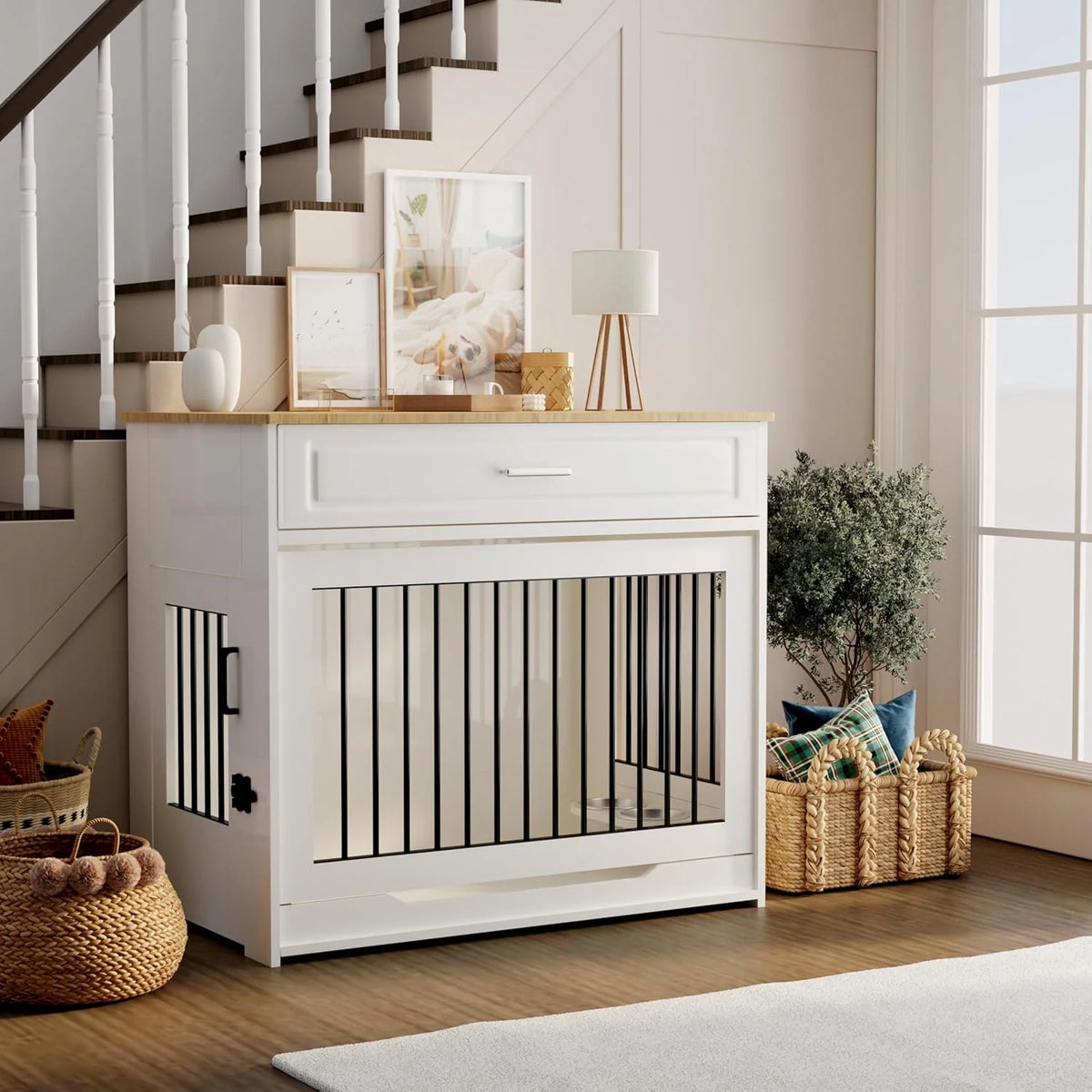 Wooden dog cage furniture, indoor kennel, with flip-up door, 360° rotating dog bowl and storage drawer, suitable for medium to large-sized dogs, durable dog cage, white.