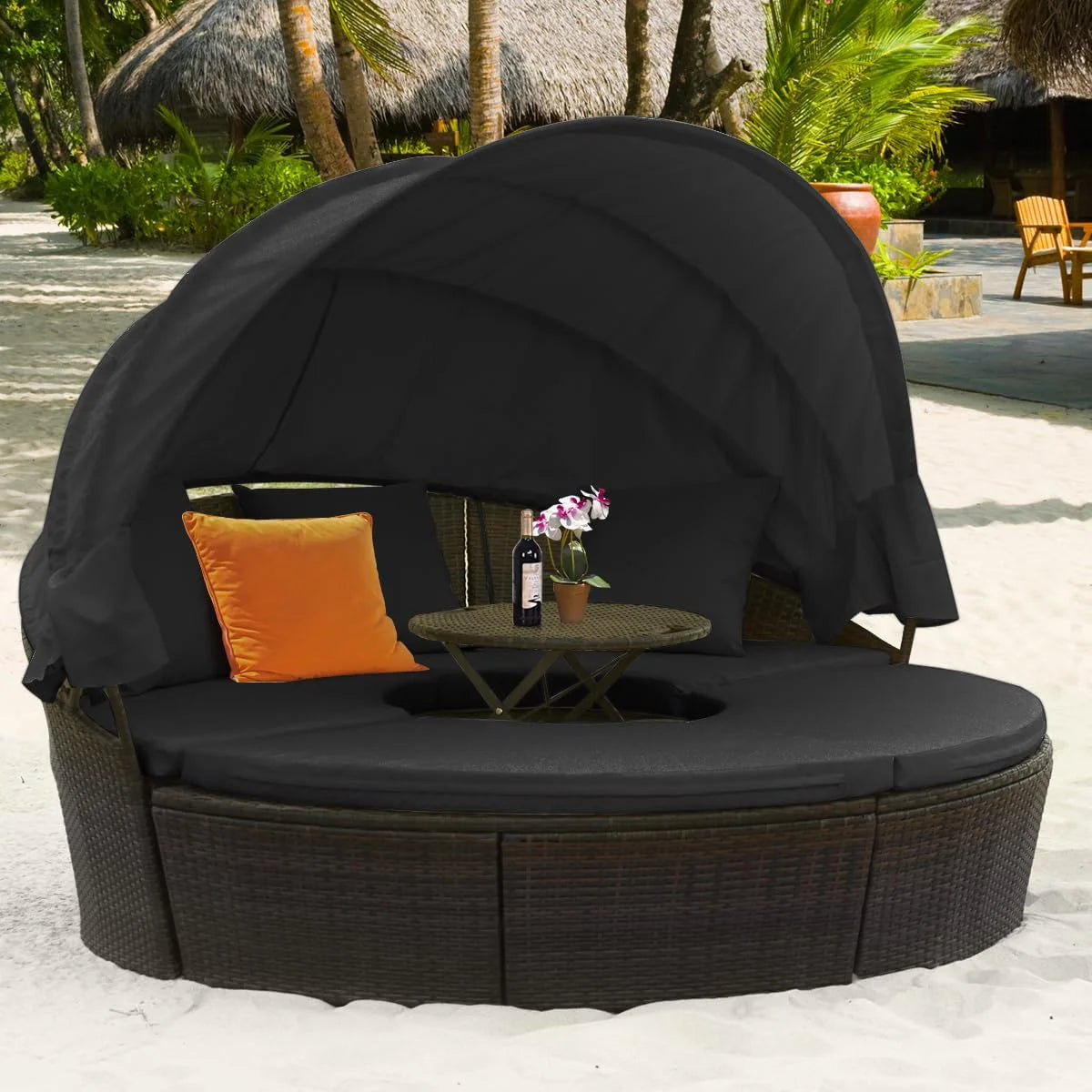 Outdoor daybed, rattan round daybed with sunshade canopy, patio set with cushions and adjustable coffee table, rattan patio furniture, suitable for backyard terraces, porches, and poolside (green color)